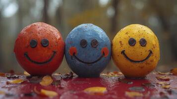 Three colorful eggs with smiley faces photo
