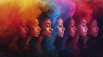 Four women with colorful smoke in front of them photo
