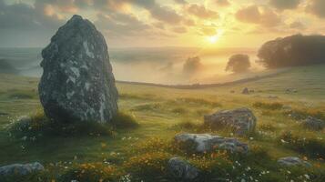 A field with a stone in the middle of it photo