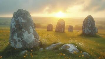 A field with many stone circles at sunset photo