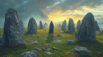 A field of rocks and flowers at sunset photo