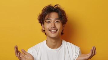 A man is smiling and holding his hands up photo