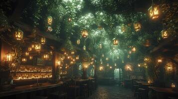 A bar with hanging lights and plants in the background photo