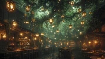 A bar with lanterns hanging from the ceiling photo