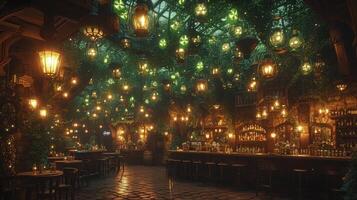 A bar with lots of lights hanging from the ceiling photo