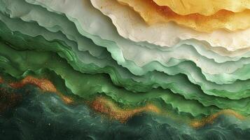 A painting of waves and clouds with green, orange and gold colors photo