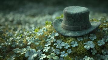 A hat sits on top of a clover field photo