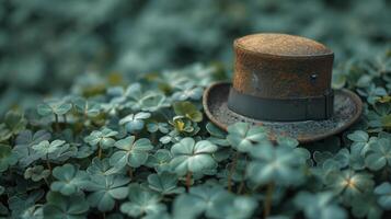 A hat sitting in the middle of a field of green clover photo