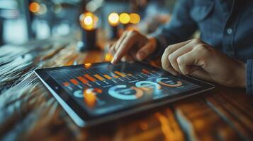 Man using tablet with graphs on table photo