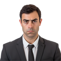 Skeptical businessman raises eyebrow in office setting expressing doubtful thoughts professional environment close-up view png