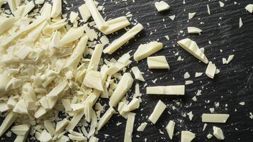 A display of white chocolate fragments on a dark black surface photo