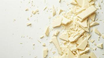 A simple and clean display of white chocolate chunks resting on white photo