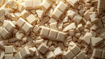 An appetizing pile of white chocolate chunks showcased on a white scene photo
