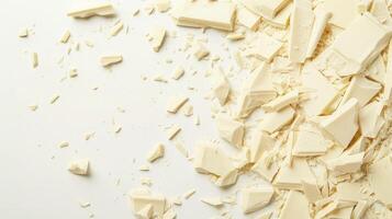A stack of white chocolate chunks placed on a pure white surface photo