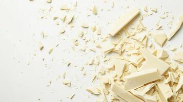 White chocolate chunks scattered beautifully across a plain white backdrop photo