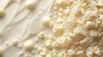 A cluster of white chocolate chunks showcased on a minimalist white surface photo