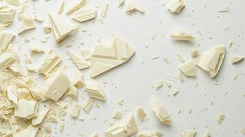 A tempting heap of white chocolate chunks placed on a spotless white surface photo