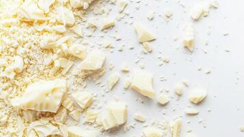 A visually appealing pile of white chocolate chunks on a pure white base photo