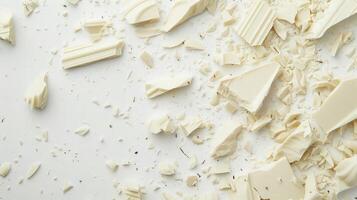 A mound of white chocolate chunks resting on a pristine white surface photo