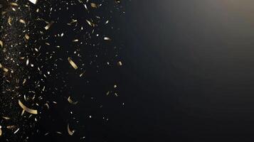 Glittering golden confetti cascading on a dark black backdrop photo