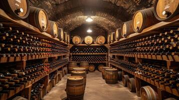 Dynamic cellar showing many wine bottles. photo