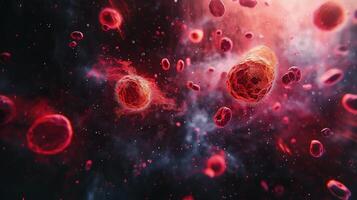 Red blood cells in a space with a black background photo