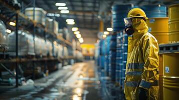 A man in a yellow rain suit standing in a warehouse photo