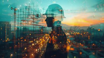 Double exposure of construction worker silhouette in front of city skyline at dusk photo