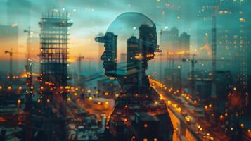 Double exposure of construction worker in front of city skyline at dusk photo