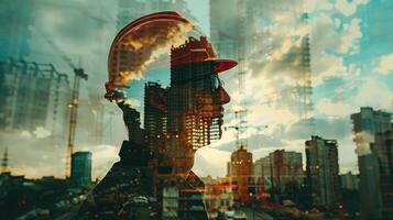 Double exposure of construction worker with a hard hat and a city skyline photo