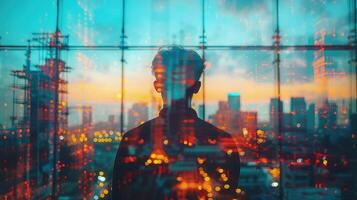 Man standing in front of a cityscape with a cityscape in the background photo