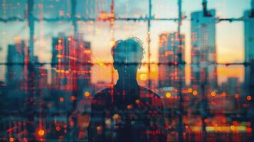 Man standing in front of a city skyline with blurred background photo