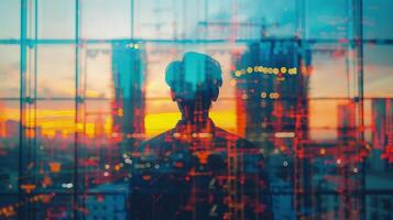 A man standing in front of a building with a city in the background photo