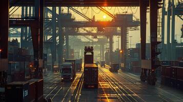 A view of a container terminal at sunset photo