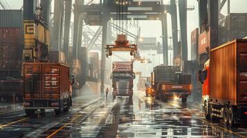 A view of a cargo container loading dock with trucks photo