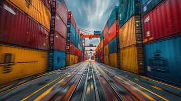 A view of a container ship moving through a warehouse photo