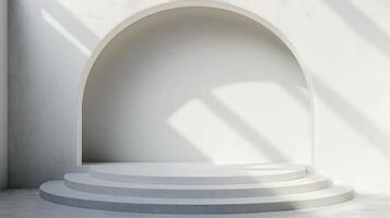Empty white room with a stage and a window photo