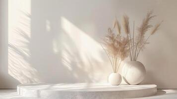A white room with two vases and some plants photo