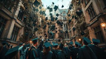 Graduates in green gowns and caps in the courtyard photo