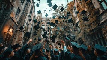 Graduates throwing their caps in the air photo