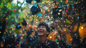 un joven hombre en un graduación gorra es rodeado por papel picado foto