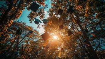 Many hats are hanging in the air in the sun photo