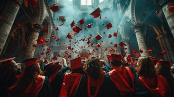 Graduates throwing red caps into the air photo