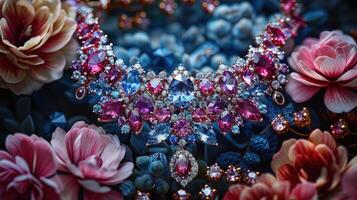 A necklace with pink and blue stones on it photo