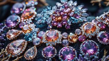 A close up of a necklace with many different colored stones photo