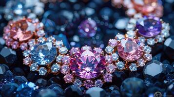 A close up of a necklace with many colorful diamonds photo
