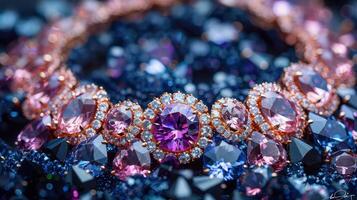 A close up of a necklace with pink and blue stones photo