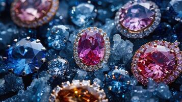 A variety of colorful gems are arranged on a blue background photo