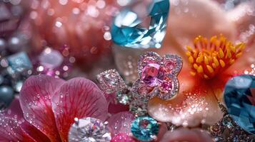 A close up of a bunch of colorful flowers and jewels photo