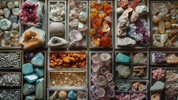 A display of rocks and minerals in a cabinet photo